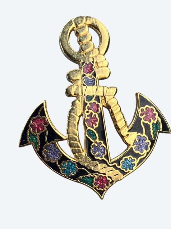 Unbranded Jewelry - Anchor Enamel Cloisonné Pin Brooch Floral Design Gold Tone Nautical Accessory